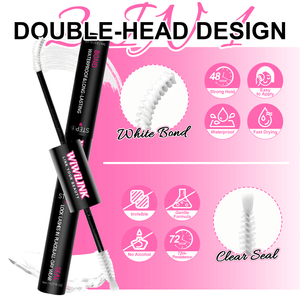 WiWiLINK cluster lash glue double-head design on a pink background with product features.