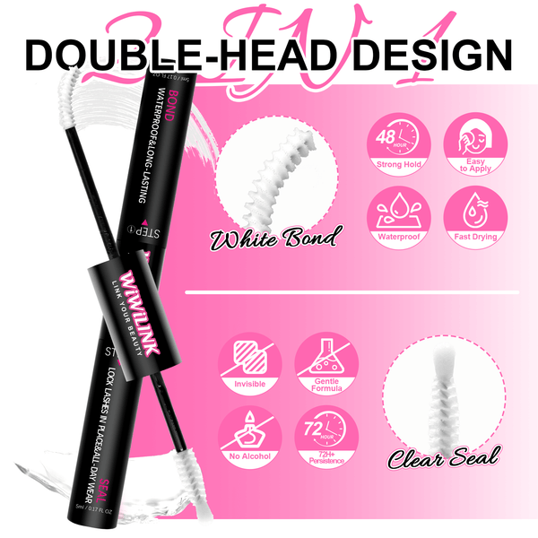 WiWiLINK cluster lash glue double-head design on a pink background with product features.