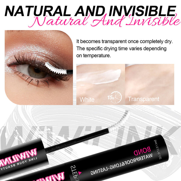 WiWiLINK bond and seal cluster lash glue product with text 'Natural and Invisible' and a close-up of an eye using the product.