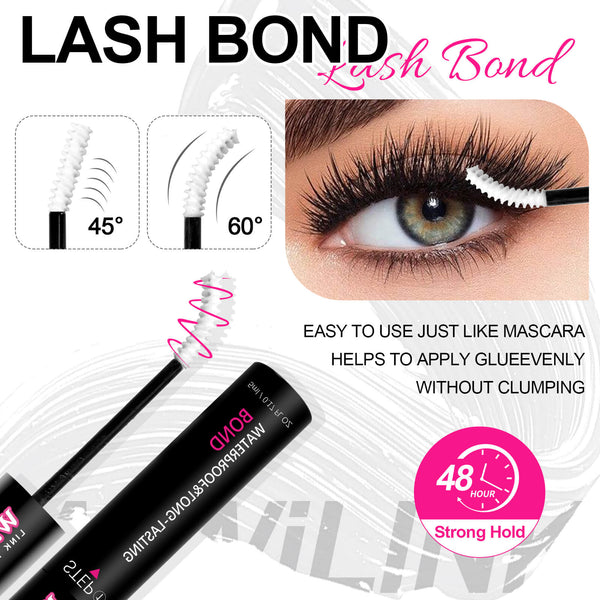 WiWiLINK Lash Bond product with an eye wearing false eyelashes, showing product benefits.