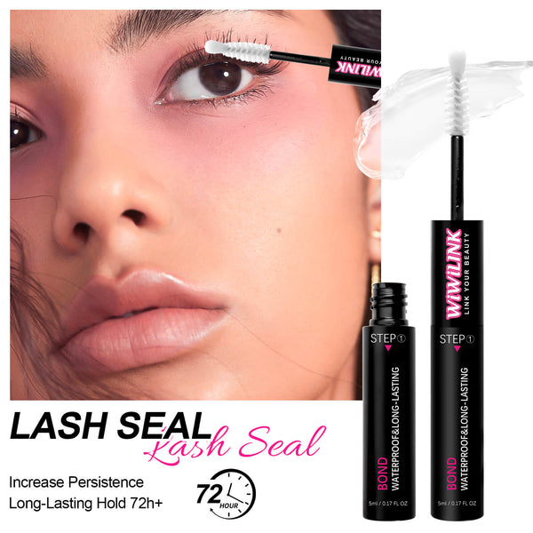 WiWiLINK lash seal product with a close-up of a woman applying it to her eyelashes.