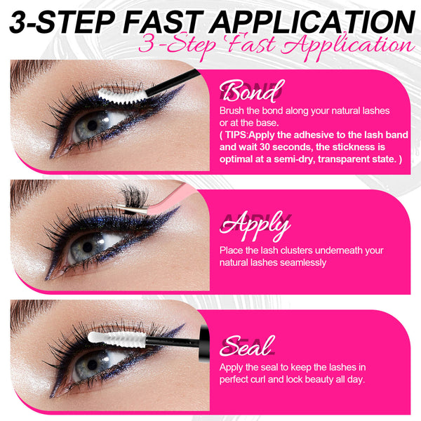 Instructions for applying cluster eyelashes with text on a pink background