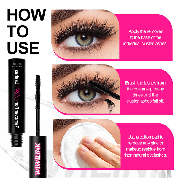 Instructions on how to use WiWiLINK glue remover with close-up shots of an eye and product application.