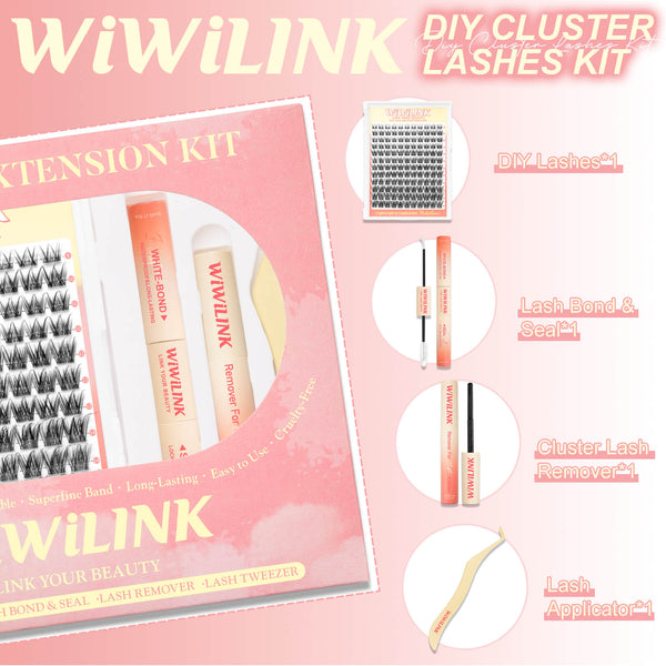WiWiLINK Flit Cluster Lashes Kit includes lash tray, glue, remover, and applicator.