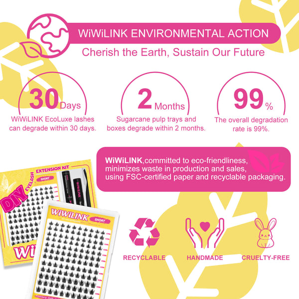 WIWILINK eyelash product packaging with environmental sustainability information on a yellow and pink background.