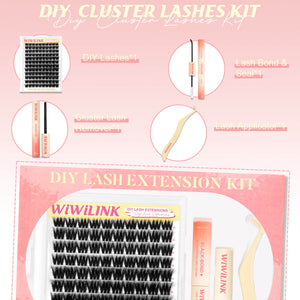 WiWiLINK Volume Bomb Cluster Lashes Kit includes lash tray, glue, remover, and applicator.