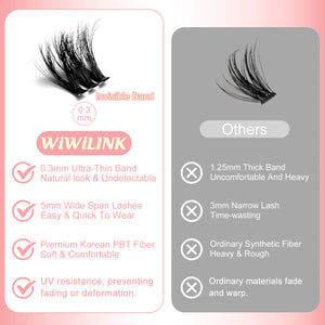 Comparison chart of WiWiLINK cluster lashes with other options on a pink background